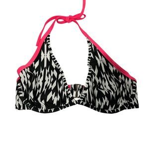 Victoria’s Secret Geometric Halter Black White Pink Trim Swim Bikini Top 32DD